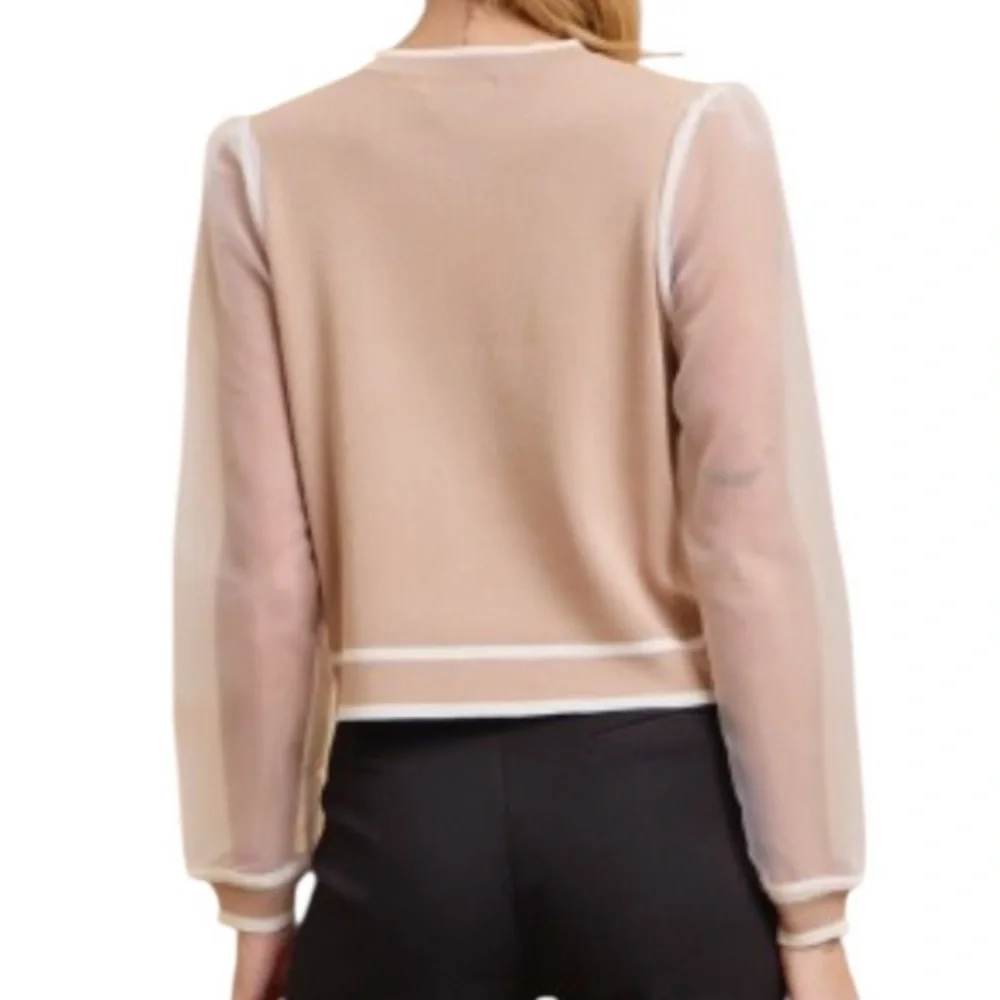 Rivir Organza Bloom Knit Cardigan w Balloon Sleeve in Tan/White - Picture 3 of 4